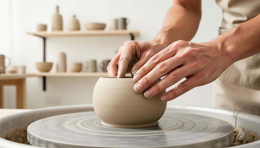 Close-up of hands holding a handcrafted ceramic vase over a pottery studio workbench