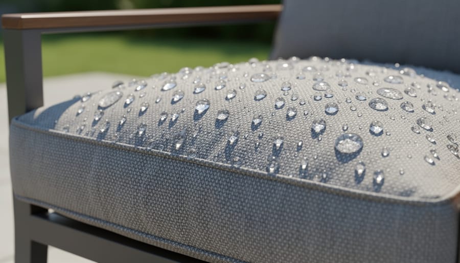 Close-up of outdoor cushion fabric with water droplets beading on the surface.