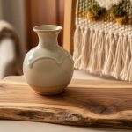 Close-up still life of handcrafted ceramic, woven textile, and a reclaimed-wood board arranged on a warm tabletop in a softly lit living space.