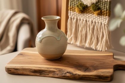 Close-up still life of handcrafted ceramic, woven textile, and a reclaimed-wood board arranged on a warm tabletop in a softly lit living space.