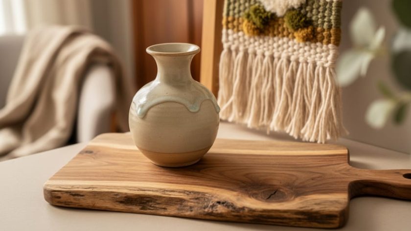 Close-up still life of handcrafted ceramic, woven textile, and a reclaimed-wood board arranged on a warm tabletop in a softly lit living space.