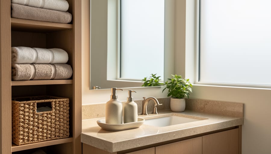 Handmade soap and ceramic storage jar with hand-dyed linen towels in a bathroom setting