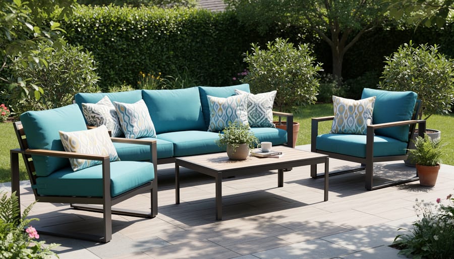 Outdoor patio seating refreshed with new replacement cushions in warm colors.