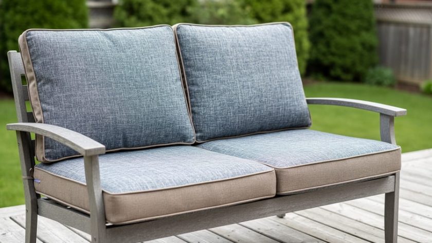 Replacement outdoor cushions displayed on a patio loveseat frame in a Canadian backyard setting, showing fabric texture and cushion foam detail.