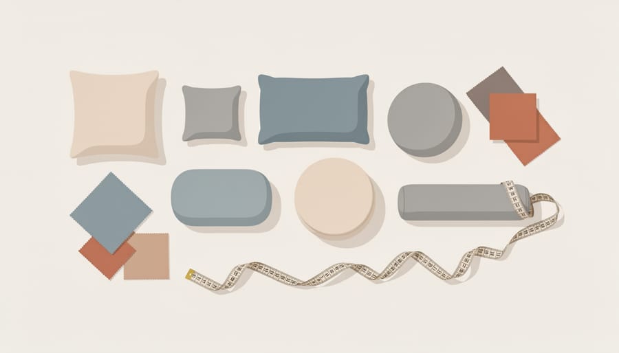 Replacement outdoor cushions, fabric swatches, and measuring tape laid out on a workshop table.