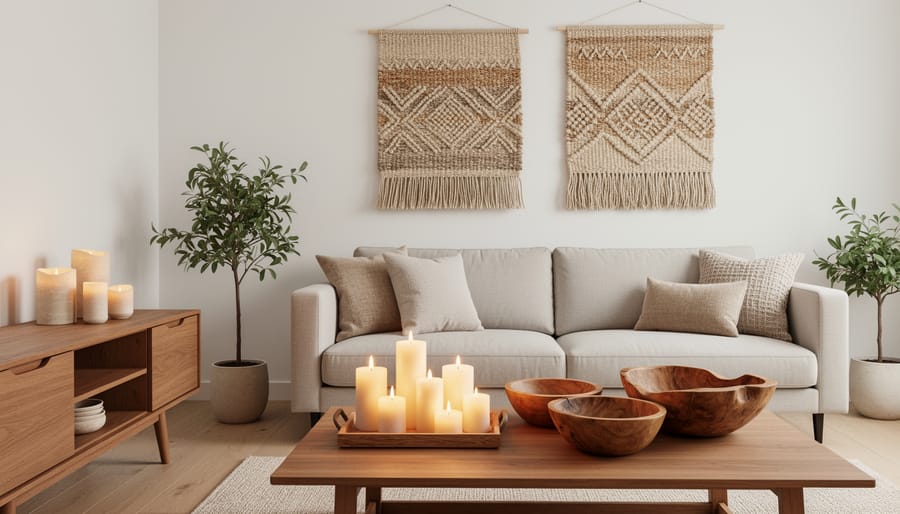 Sunlit living room corner with woven wall hanging, artisan candle, and reclaimed wood bowl