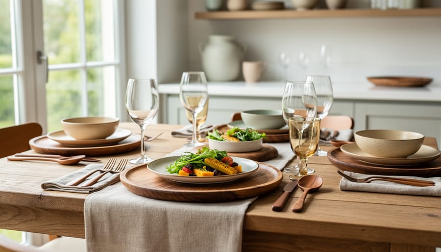 Top-down view of handcrafted pottery plates, hand-blown glass, and wooden cutting board with herbs
