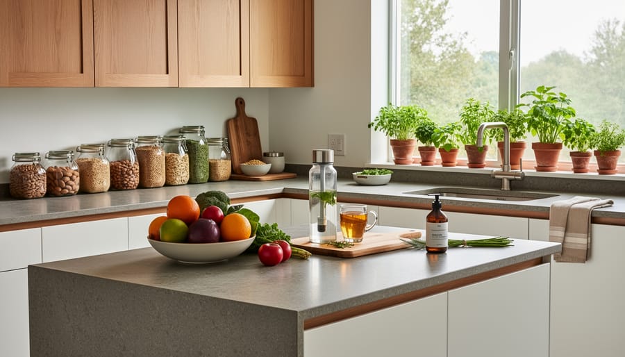 Reusable water bottle, ceramic spice jars, fresh herbs, and plant-forward ingredients on a modern kitchen counter with natural light