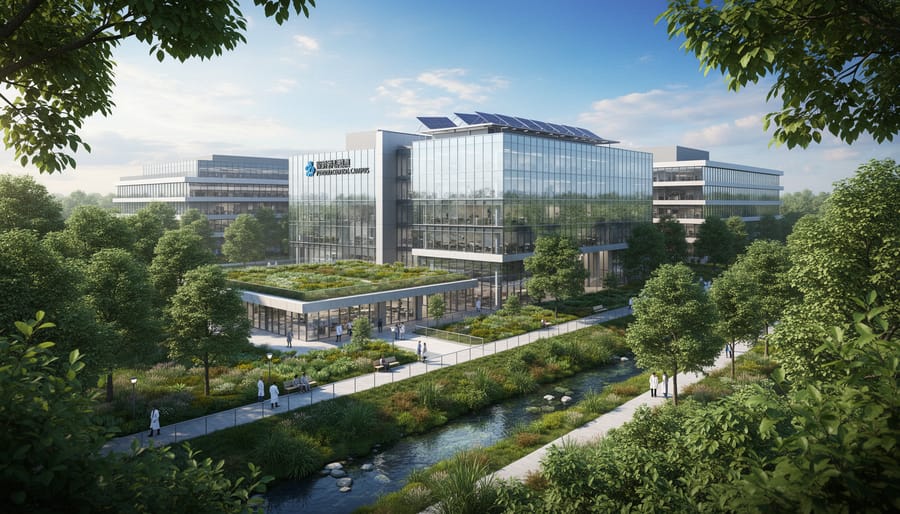 Pharmaceutical facility exterior with surrounding landscaped greenery under overcast morning light