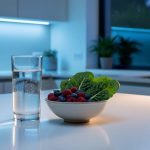 Fresh whole foods and a glass of water on a clean kitchen counter with soft circadian-style lighting and subtle greenery in the background.