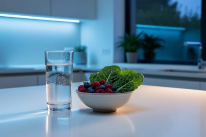 Fresh whole foods and a glass of water on a clean kitchen counter with soft circadian-style lighting and subtle greenery in the background.