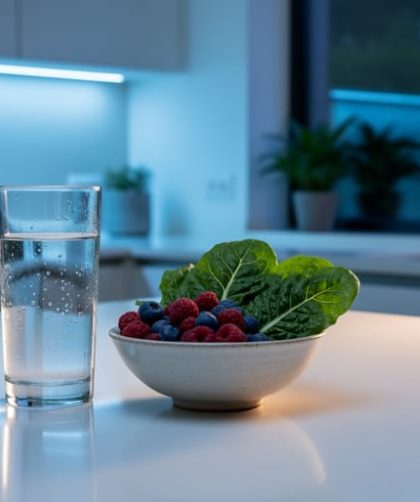 Fresh whole foods and a glass of water on a clean kitchen counter with soft circadian-style lighting and subtle greenery in the background.