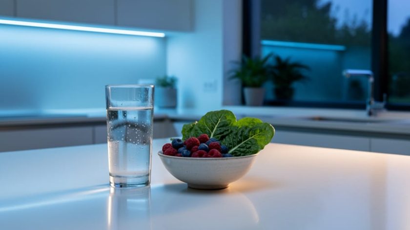 Fresh whole foods and a glass of water on a clean kitchen counter with soft circadian-style lighting and subtle greenery in the background.
