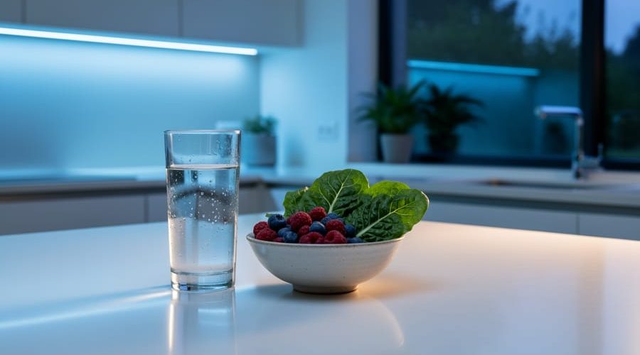 Fresh whole foods and a glass of water on a clean kitchen counter with soft circadian-style lighting and subtle greenery in the background.